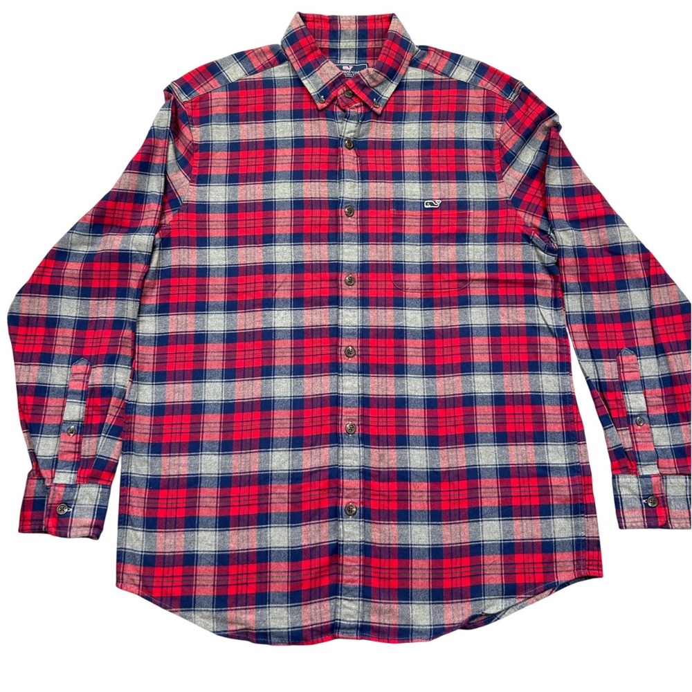 Vineyard Vines Mens Large Classic Fit Tucker Shirt Red Blue Plaid Stretch Cotton